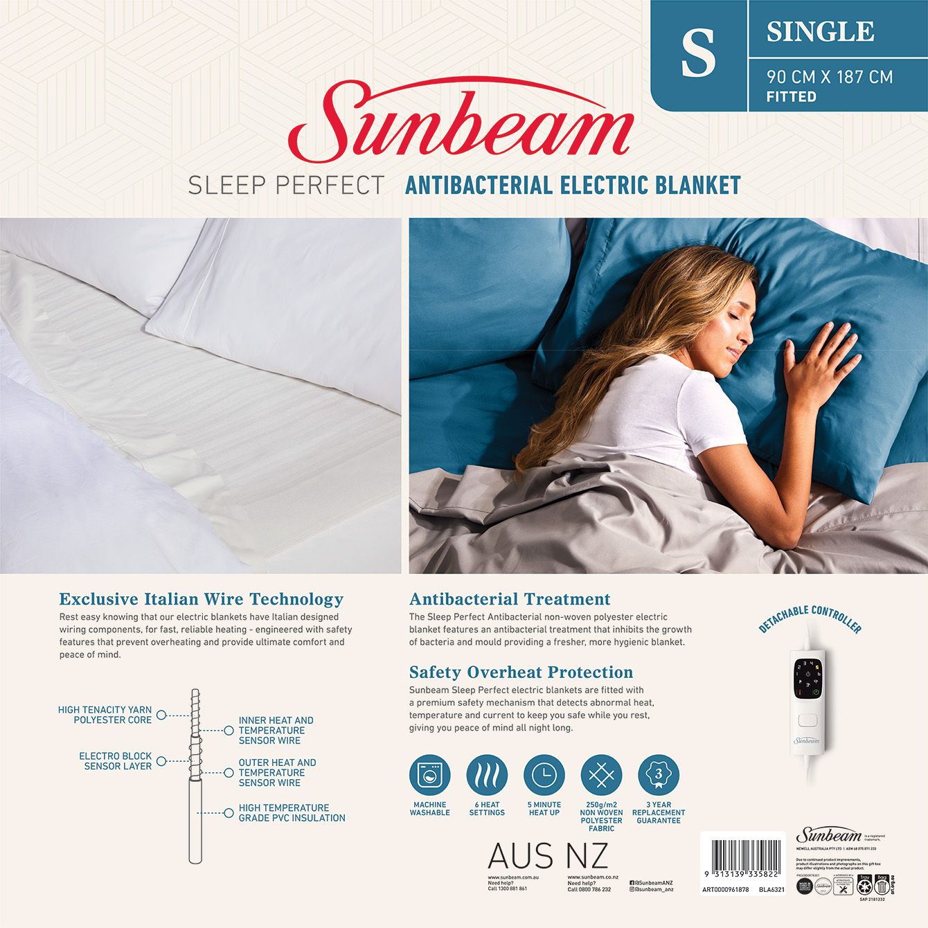 Sleep Perfect Antibacterial Electric Blanket Single | BLA6321 | Sunbeam