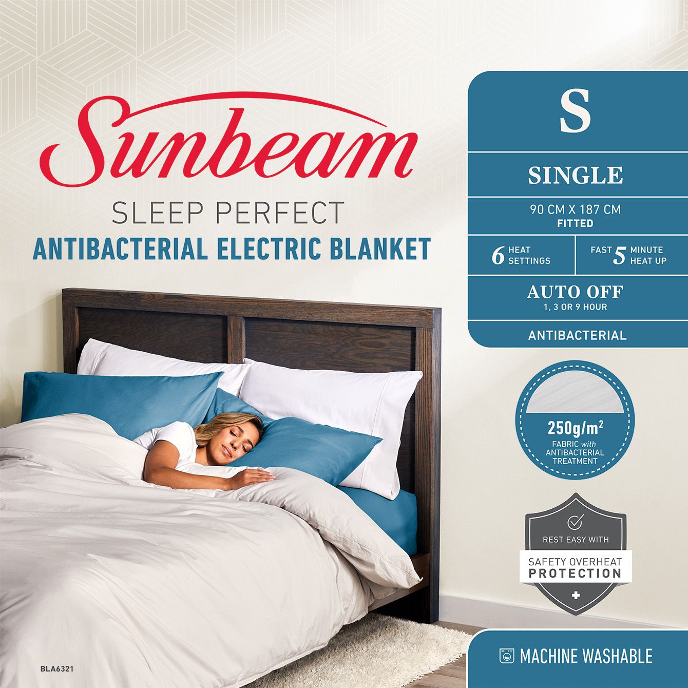 Sleep Perfect Antibacterial Electric Blanket Single | BLA6321 | Sunbeam